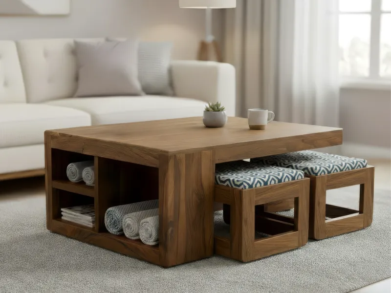 Alexa Solid Wood Coffee Table with 4 Stools
